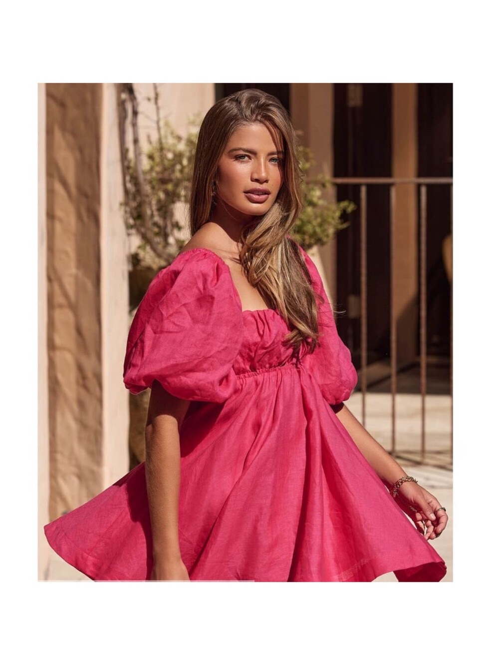 Puff-Sleeve Mini Dress in Vibrant Hot Pink